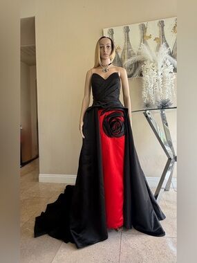 Strapless Black and Red Ball Gown Dress with Rosette Detail